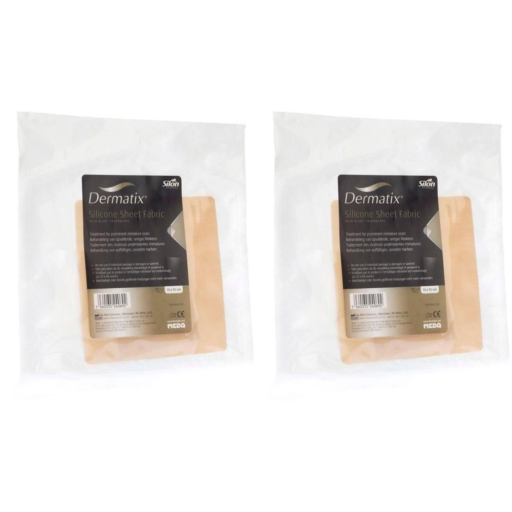 Deux paquets de Dermatix Silicone Sheet Fabric, 13x13cm, avec instructions.