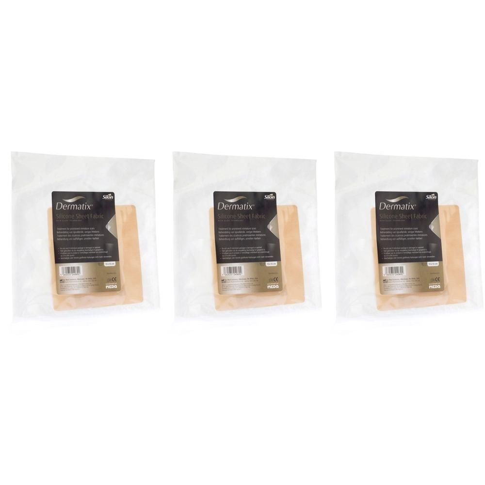 Trois paquets de tissu de feuille de silicone Dermatix, 13x13cm. Chaque paquet contient une feuille de silicone et un emballage.
