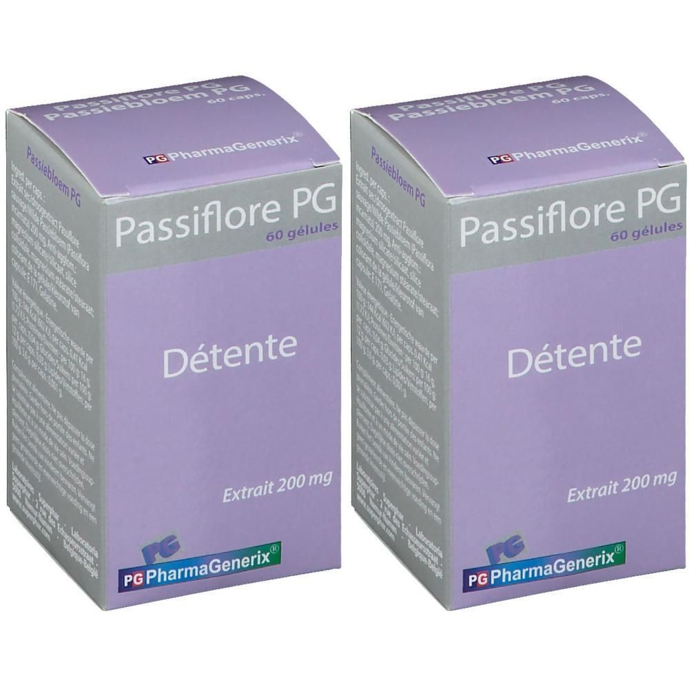 Deux boîtes de Passiflore PG, 60 gélules, extrait 200 mg. PG PharmaGenerix.