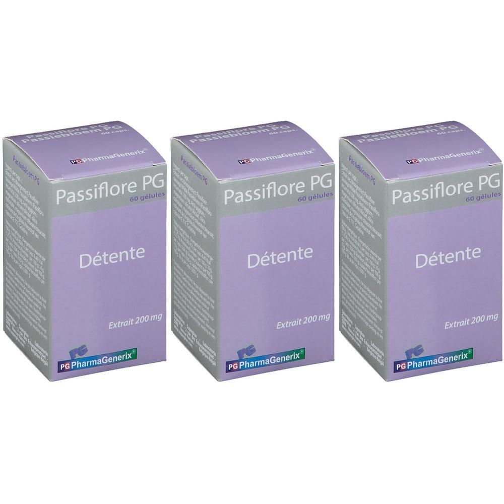 Drie verpakkingen Passiflore PG met elk 60 capsules. Bevat Passiflora-extract 200 mg.