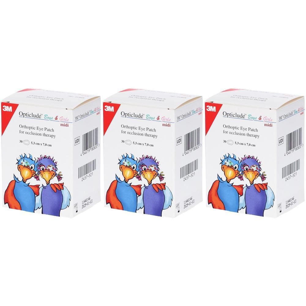 Drie pakken 3M Opticlude oogpleisters voor occlusietherapie, midi-formaat.