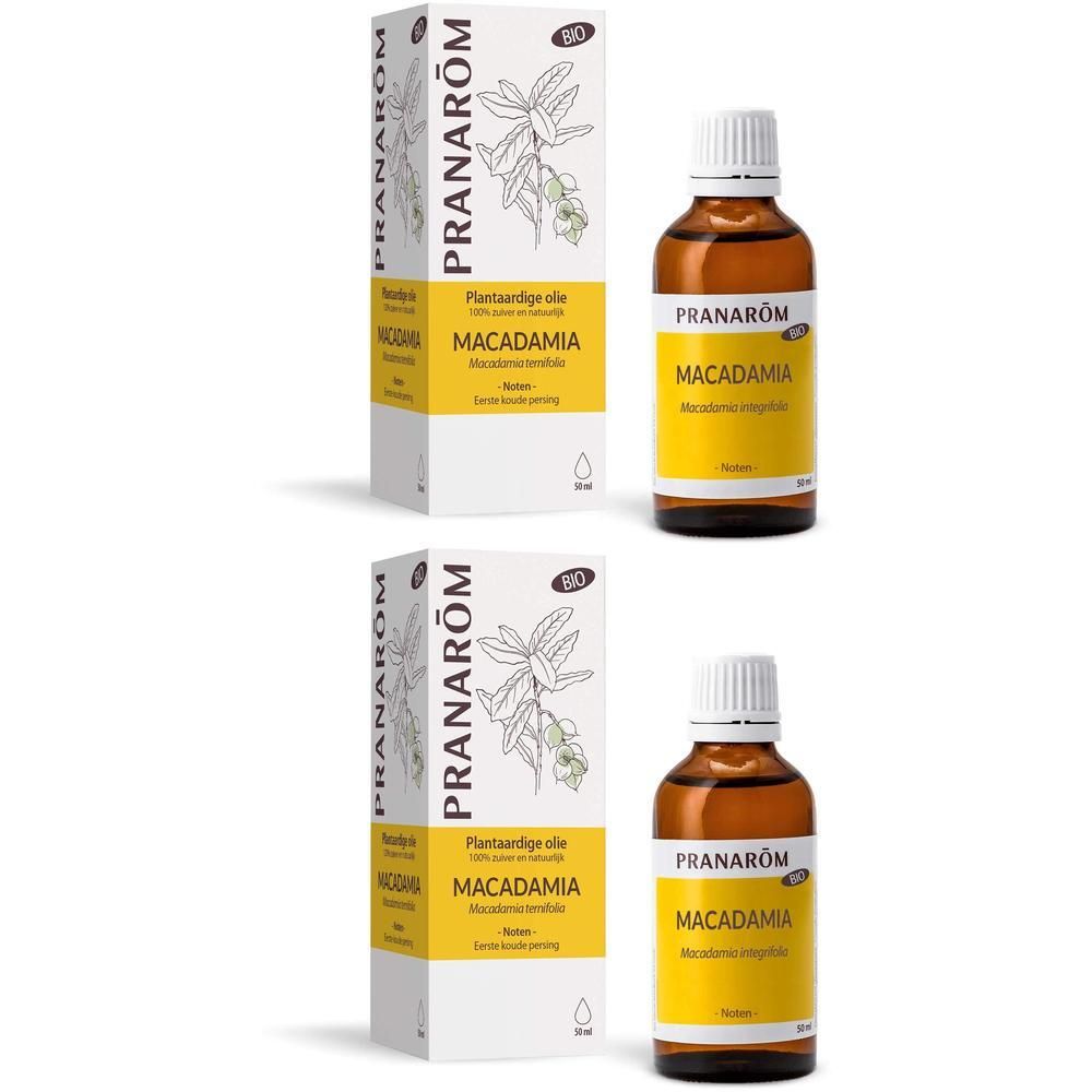 Twee flessen Macadamia biologische plantaardige olie met verpakking.