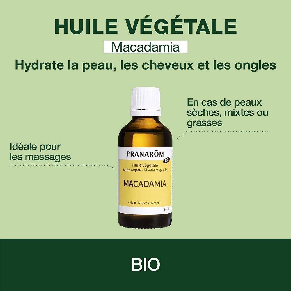 Flacon d'huile végétale de Macadamia Bio, idéal pour massages et peaux sèches.