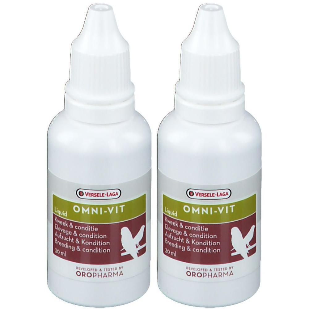 Deux flacons compte-gouttes blancs Omni-Vit Liquid. Chaque flacon contient 30 ml.