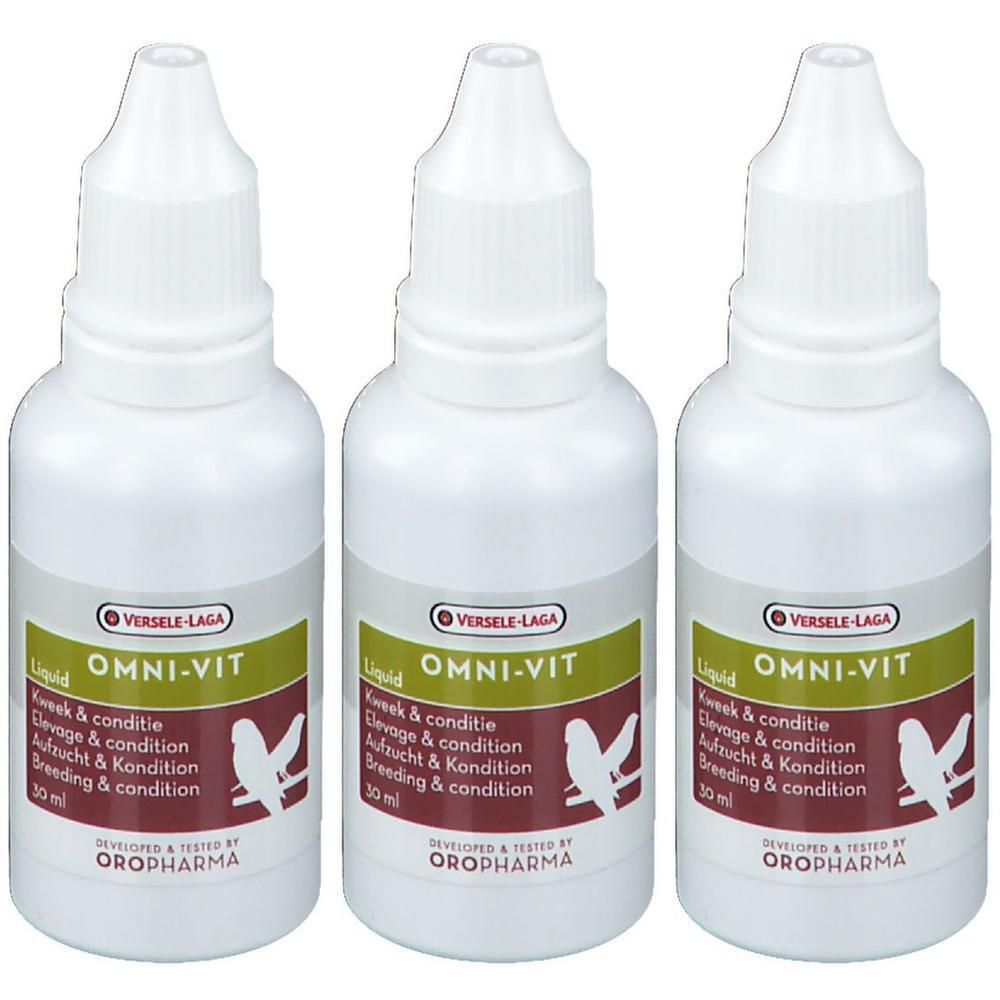 Drie witte druppelflaconnen Omni-Vit Liquid. Etiketten met vogels en tekst.