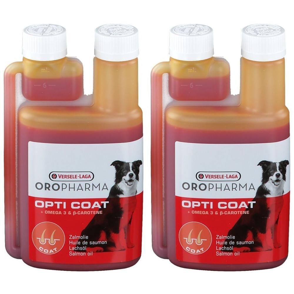 Deux flacons d'Opti Coat avec huile de saumon et bêta-carotène pour chiens.