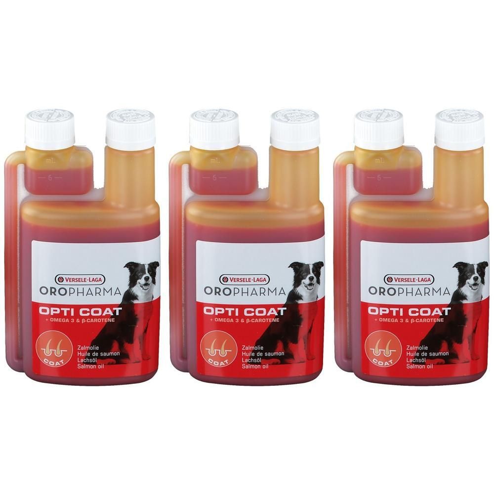 Drie flessen Opti Coat met hondenafbeelding en rood etiket.