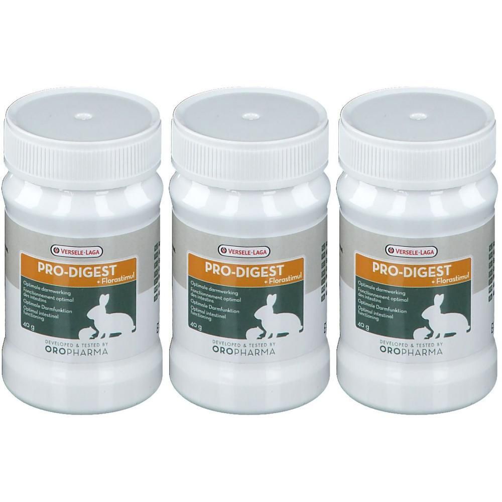 Trois pots Pro-Digest d'Oropharma avec symbole de lapin et indication 40g.