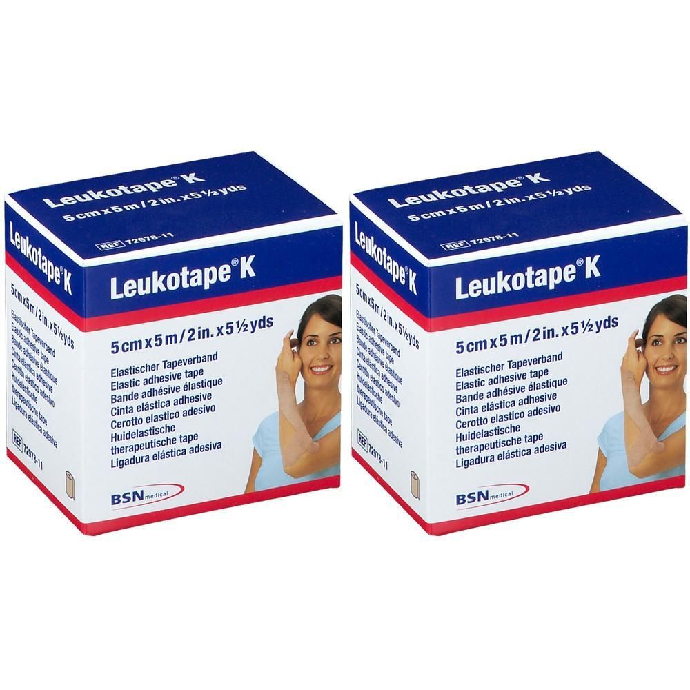 Twee dozen Leukotape K. Opschrift: 5cm x 5m. Tekst: Huidelastische tape. Merk BSN.