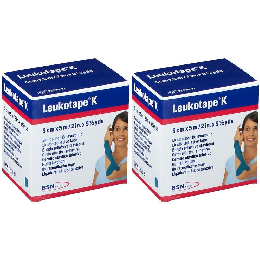 Deux boîtes de Leukotape K. Inscription : 5cm x 5m. Illustration d'une femme avec du ruban bleu sur le bras. Marque BSN.
