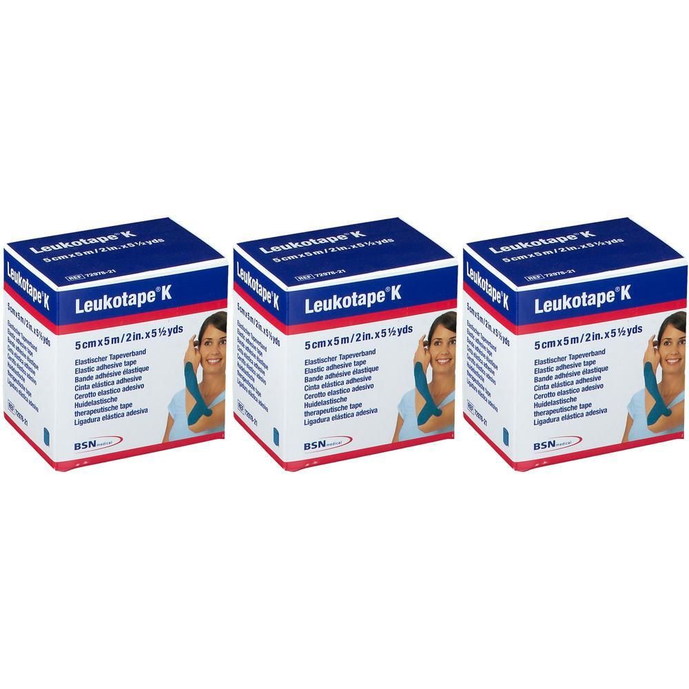 Trois boîtes de Leukotape K, ruban adhésif sportif bleu, 5cm x 5m. Nom du produit, taille et illustration visibles.