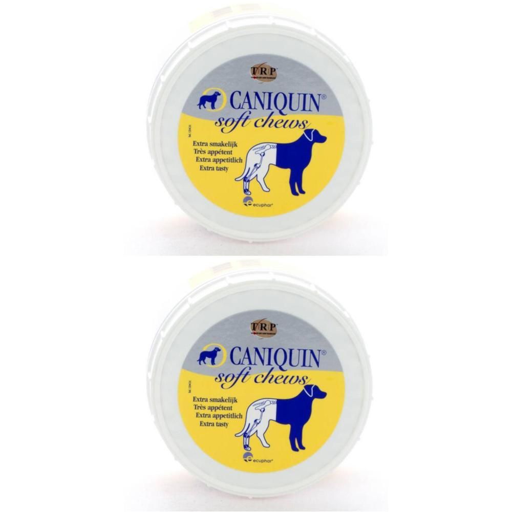 Twee potten Caniquin Soft Chews voor honden. Elke pot toont een hond en de productnaam.