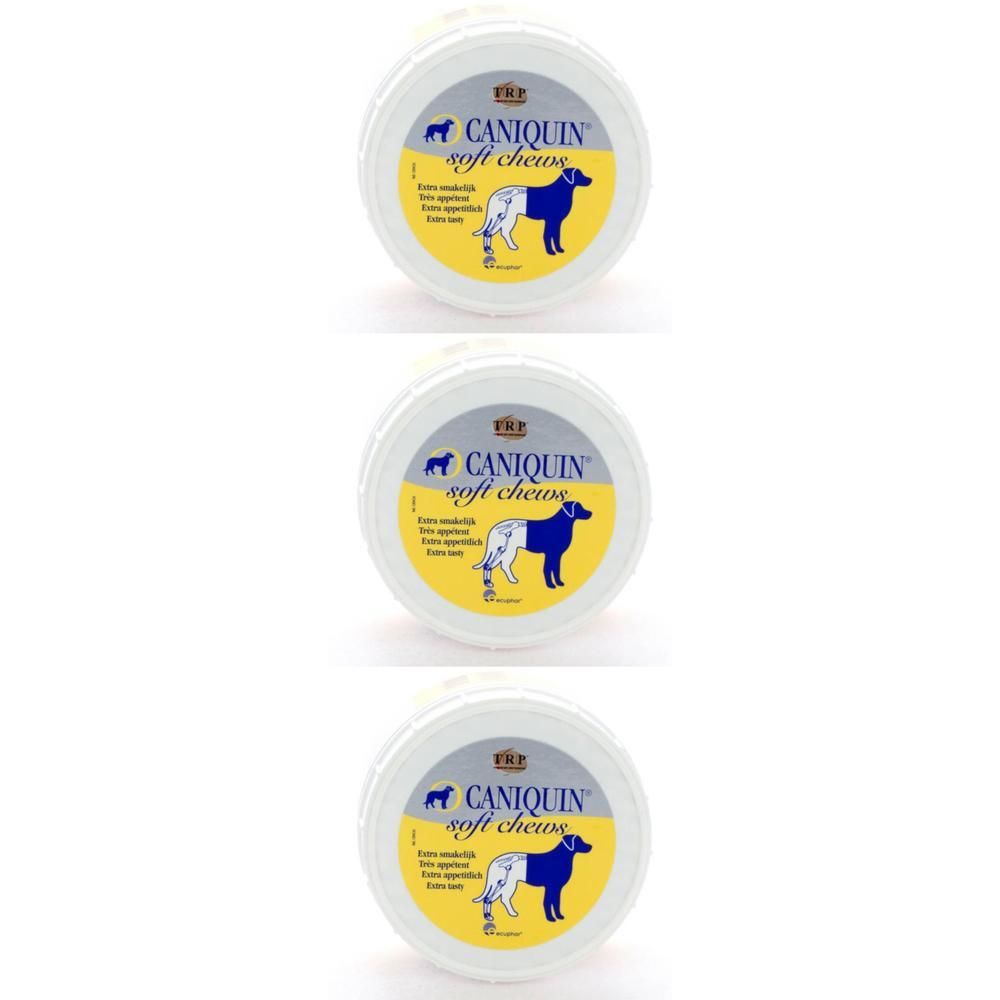 Drie potjes Caniquin Soft Chews voor honden. Ronde witte potjes met geel etiket en hondensilhouet.