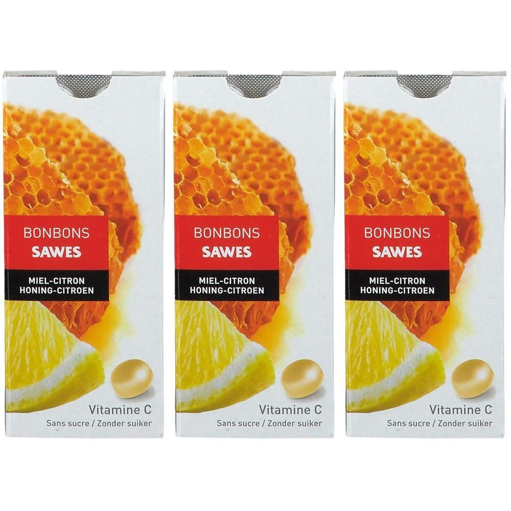 Drie pakken Sawes Bonbons Honing-Citroen, suikervrij, met Vitamine C. Afgebeeld zijn honingraten en citroenschijfjes.