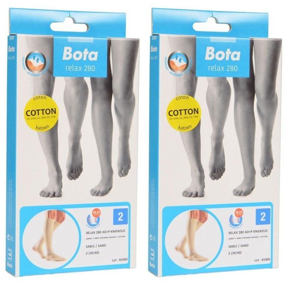 Deux paquets de chaussettes de compression Bota Relax 280 en coton, couleur sable, taille 2.