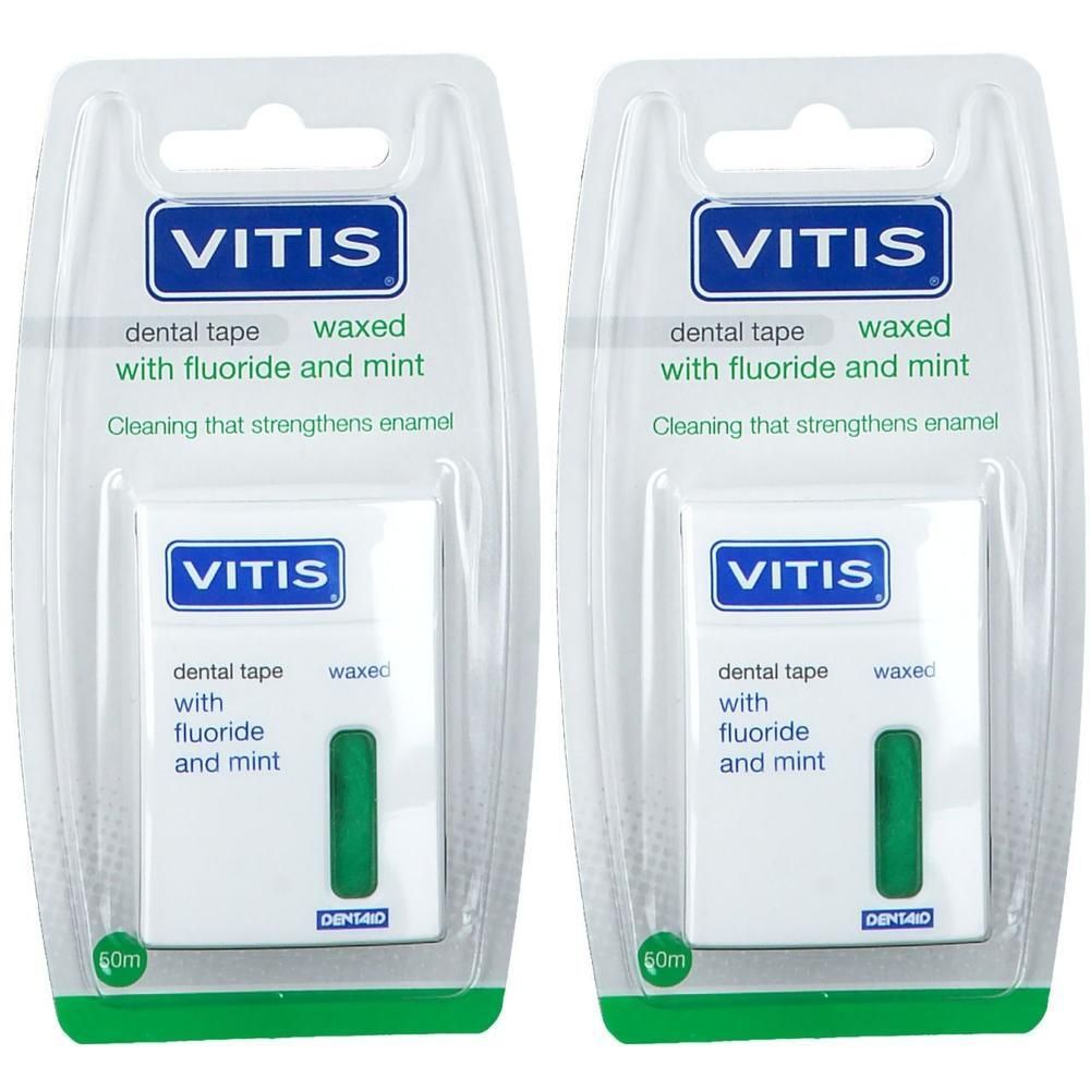Deux paquets de Vitis Dental Tape, ciré, avec fluorure et menthe. 20m par paquet.