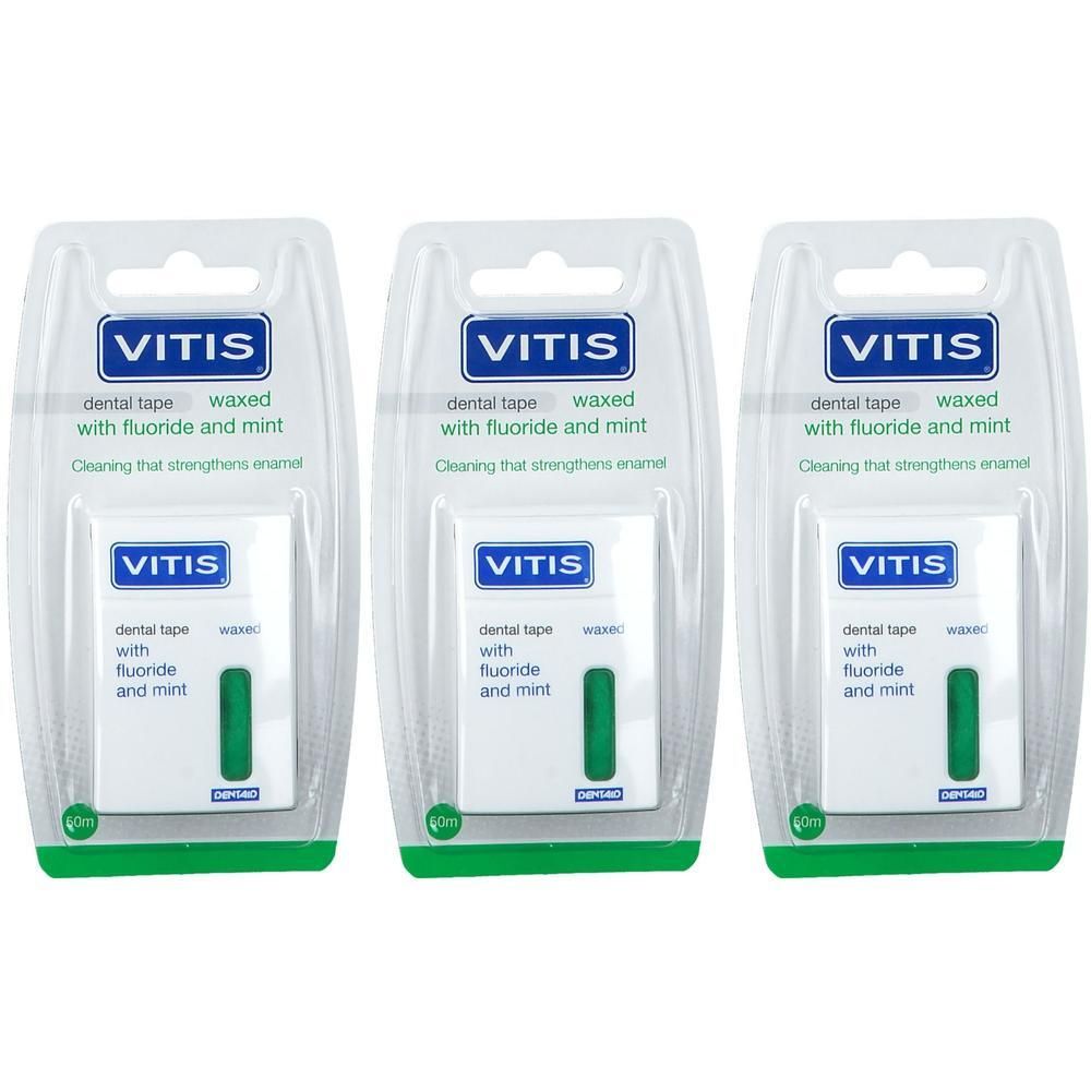 Drie pakken Vitis tandzijde, gewaxt, met fluoride en munt.