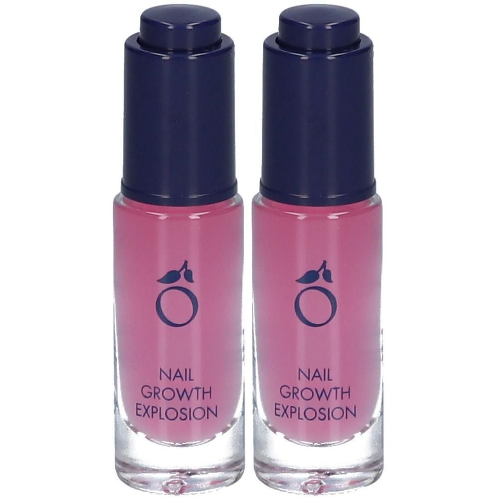 Twee flesjes met roze nagelgroeiproduct en blauwe doppen. Tekst: NAIL GROWTH EXPLOSION.