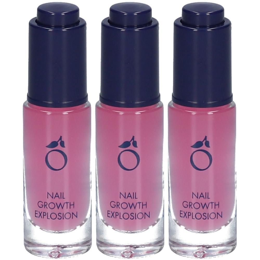 Trois flacons d'huile pour cuticules rose avec bouchons bleus. Texte : Nail Growth Explosion.