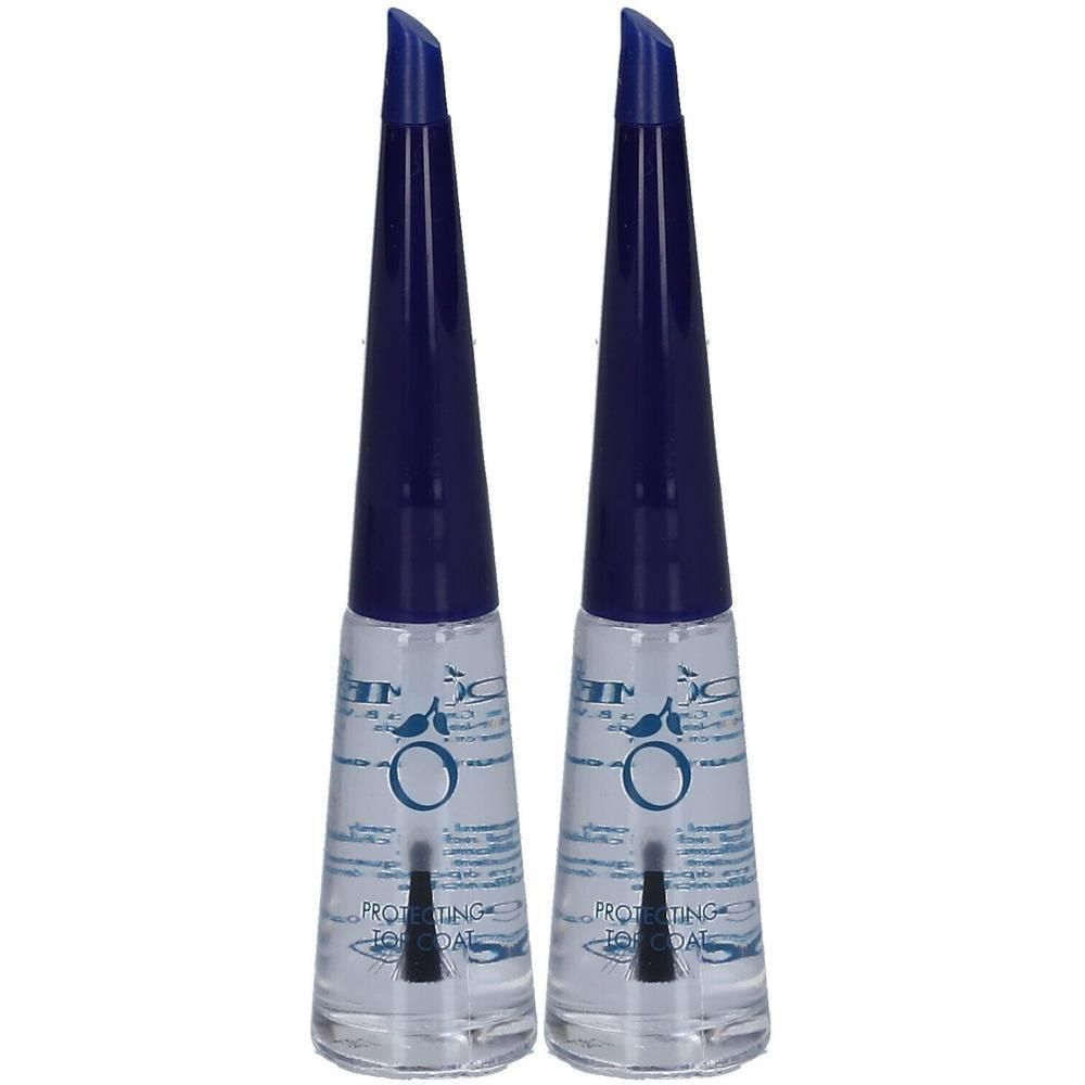Deux flacons de top coat protecteur avec bouchons bleus et applicateurs.