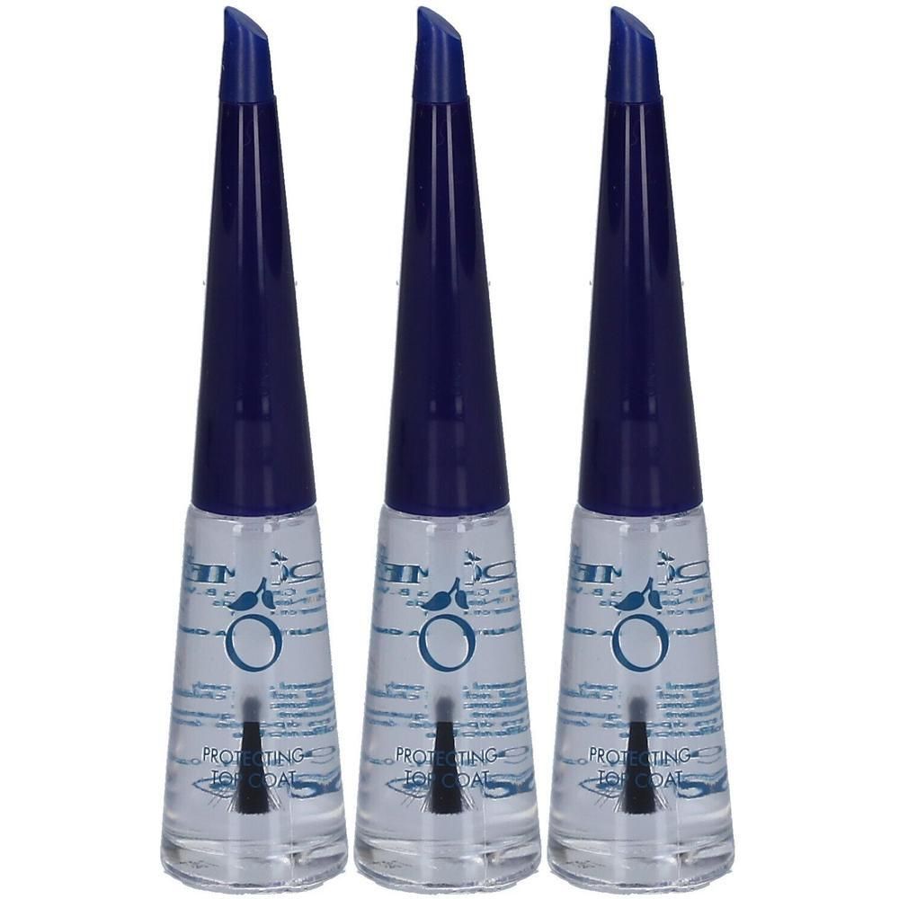 Trois flacons de top coat protecteur avec bouchons bleus et applicateurs.