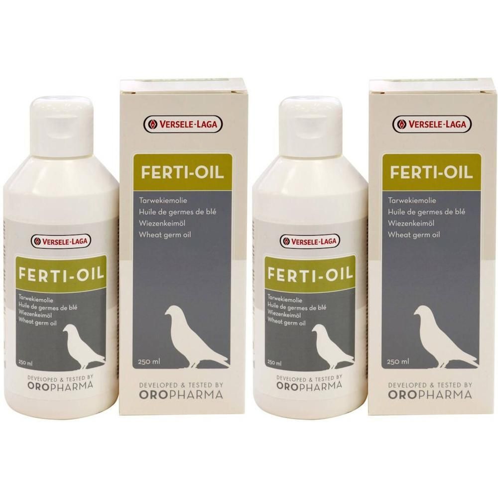 Deux flacons et deux boîtes de Ferti-Oil à l'huile de germe de blé. Une colombe est représentée.