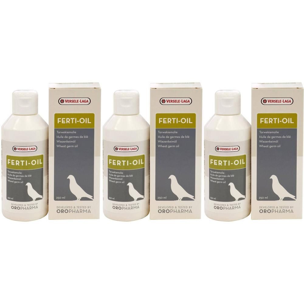 Quatre flacons et boîtes d'Oropharma Ferti-Oil, huile de germe de blé pour pigeons.
