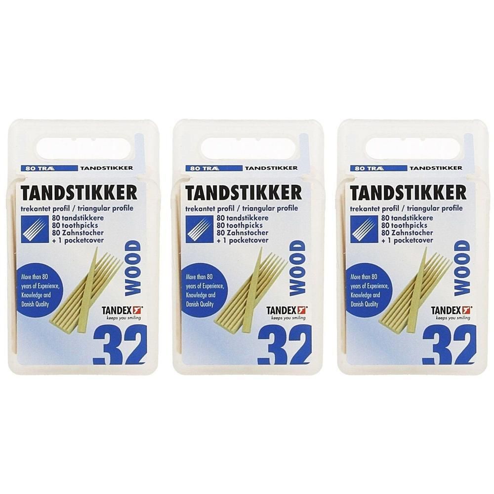 Drie pakjes Tandex tandenstokers van berkenhout, driehoekig profiel, 80 stuks per pakje.