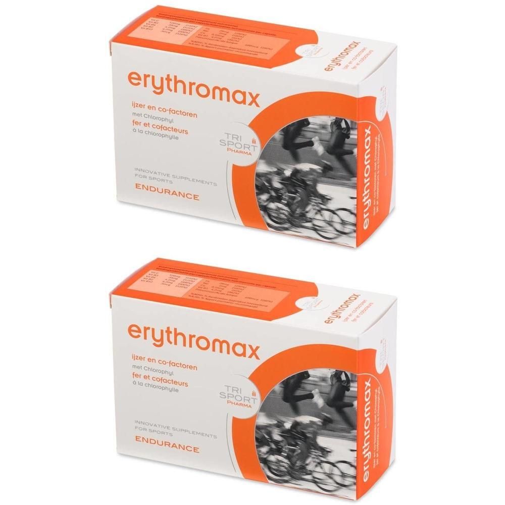 Deux boîtes de compléments alimentaires Erythromax Endurance pour sportifs.