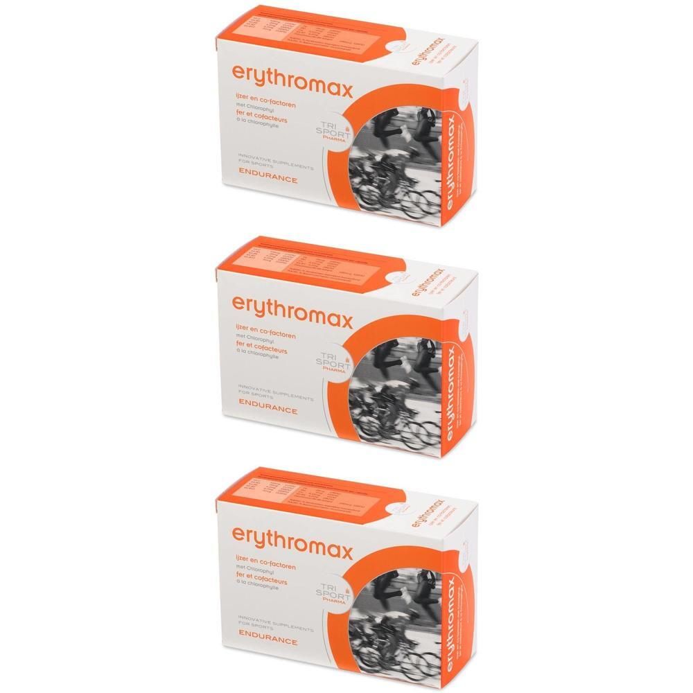 Trois boîtes d'Erythromax V-Caps avec motif cycliste.