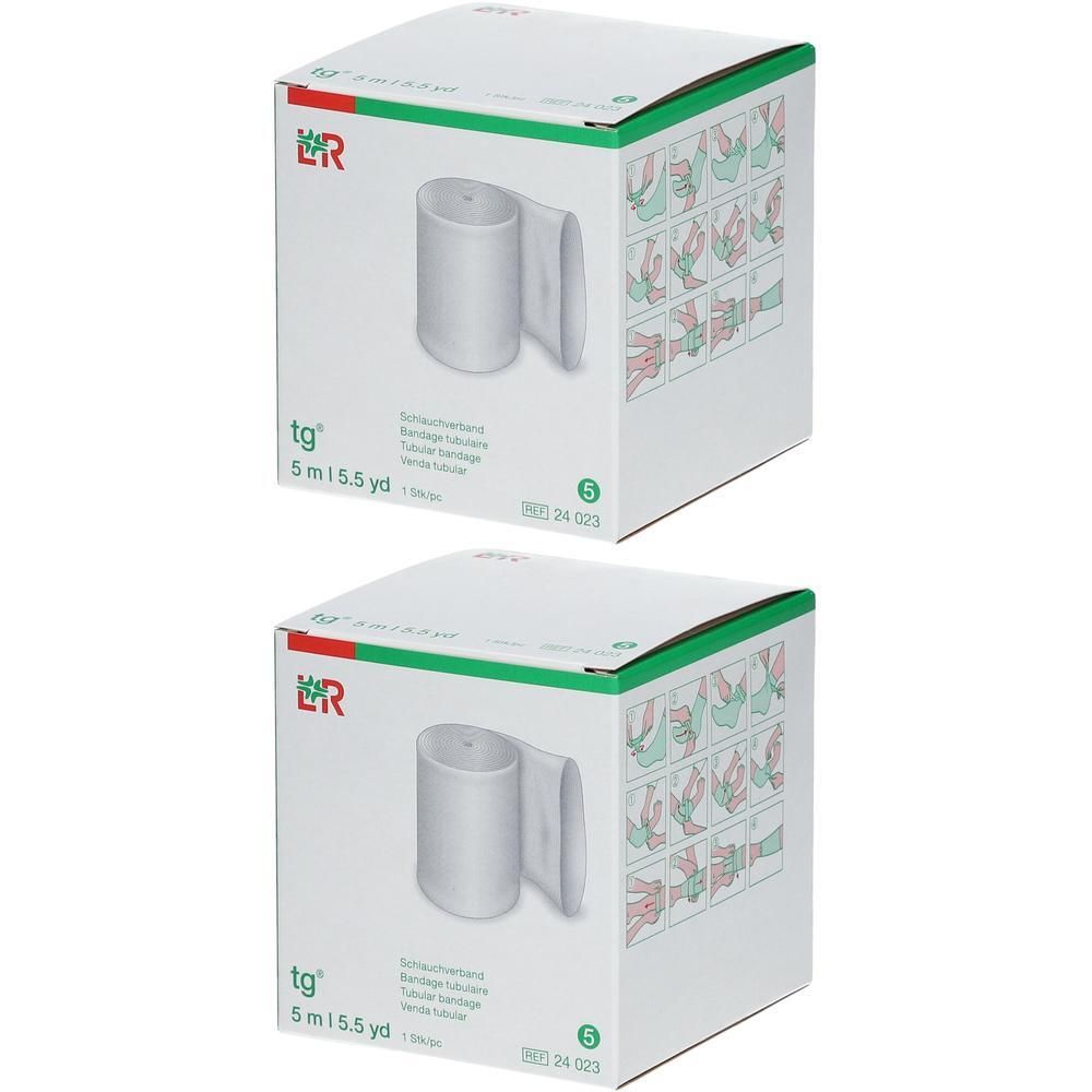 Twee dozen met wit verbandmateriaal, 5,5 cm x 5 m. Instructies aan de zijkant.