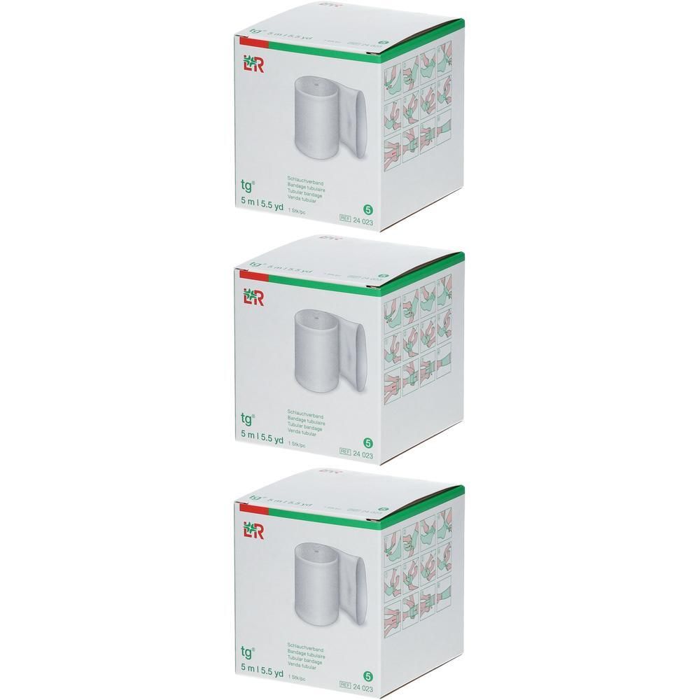 Drie dozen TG Kousverband 5,5cm x 5m. Elke doos toont een rol verband.