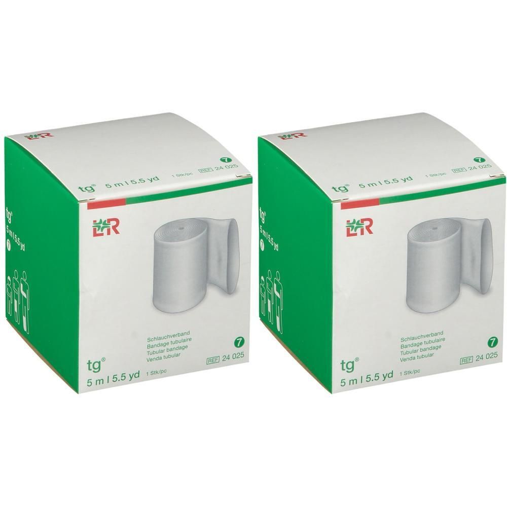 Deux paquets de TG Bandage Tubulaire 7cm x 5m. Pansement blanc sur rouleau dans son emballage.