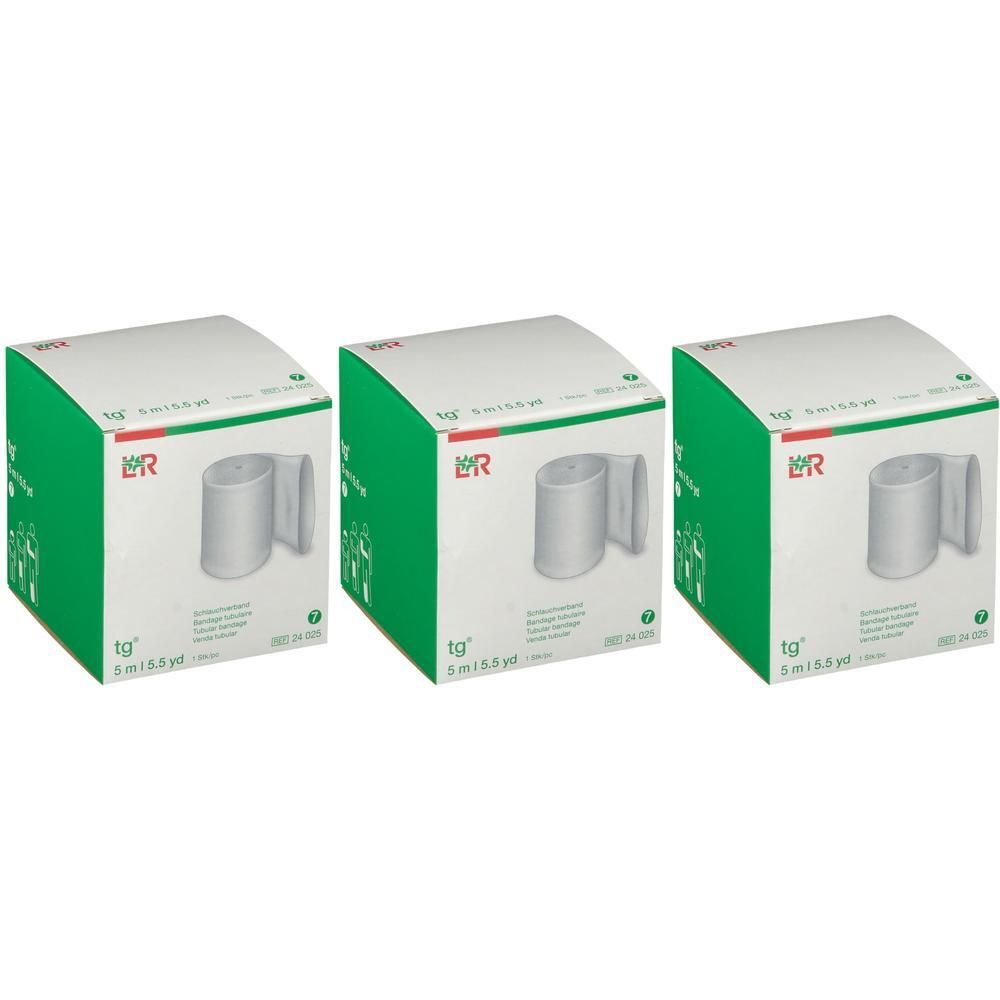 Trois paquets de TG Bandage Tubulaire 7cm x 5m. Bandage blanc sur rouleau dans un emballage vert et blanc.