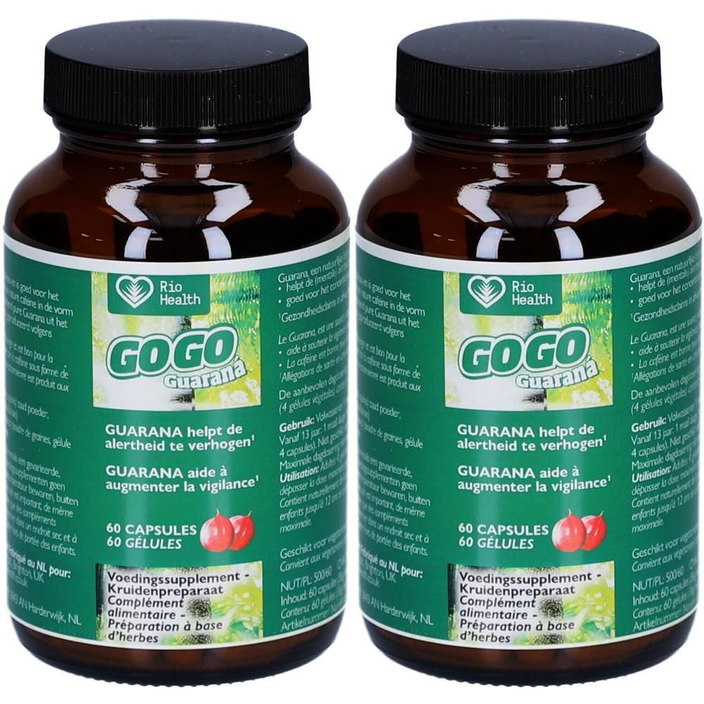 Twee flessen GoGo Guarana capsules, 60 capsules per fles. Bruine glazen flessen met zwarte doppen.