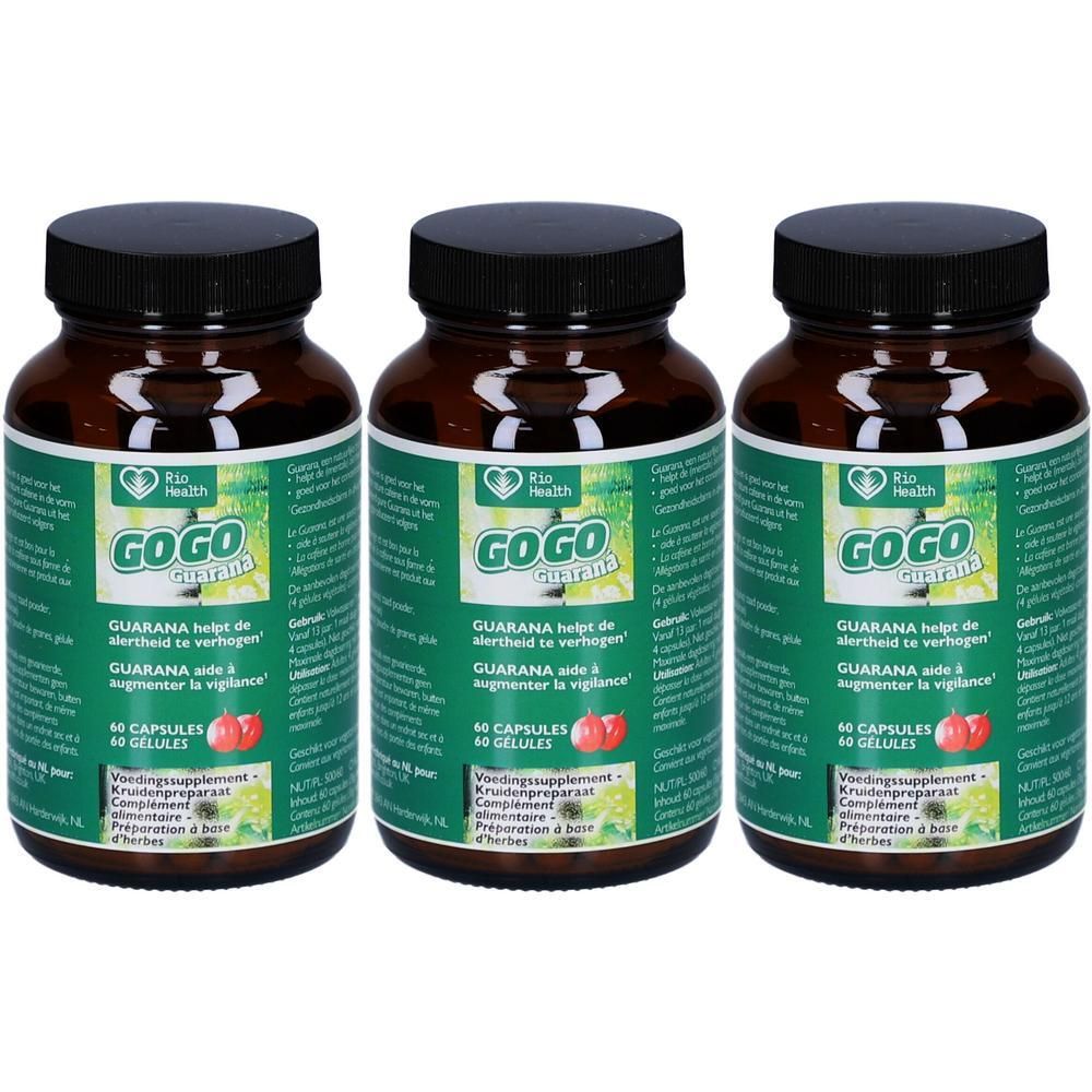Trois flacons de GoGo Guarana, compléments alimentaires, 60 gélules chacun.