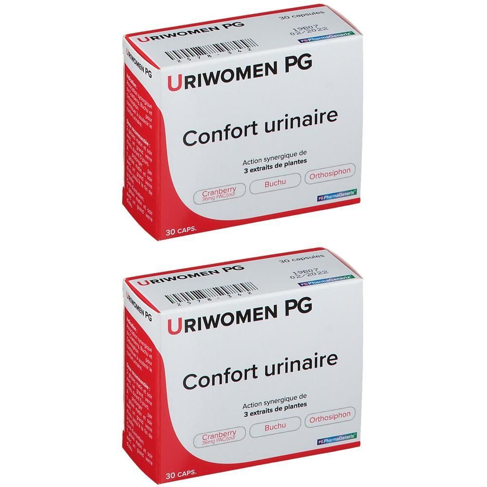Deux boîtes Uriwomen PG de 30 gélules chacune pour le confort urinaire, avec Cranberry, Buchu et Orthosiphon.