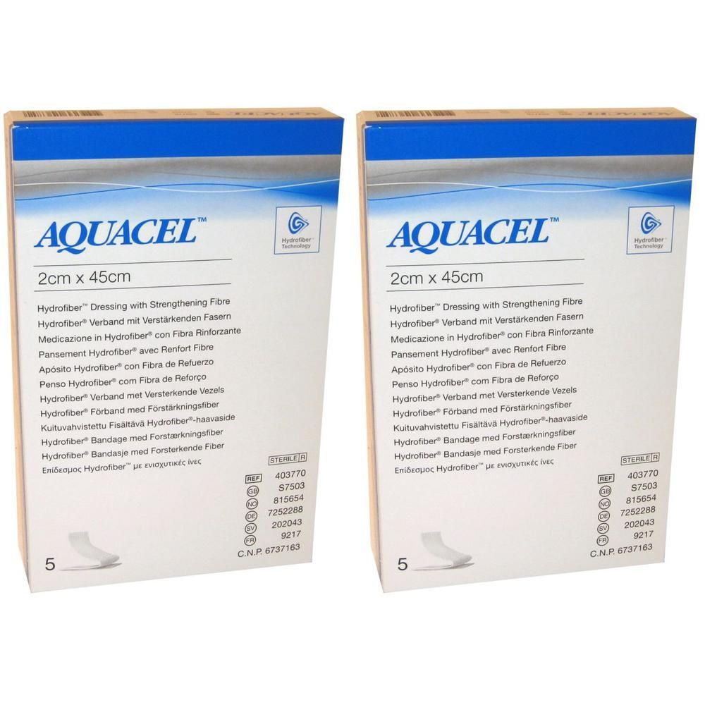 Deux paquets de pansement Aquacel Hydrofiber 2cm x 45cm avec fibre de renfort.