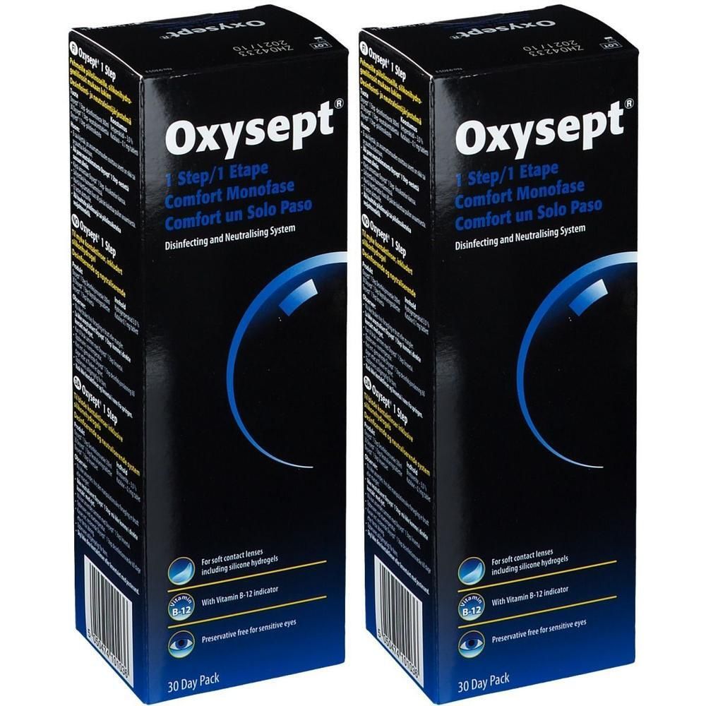 Deux boîtes d'Oxysept 1 Étape, solution désinfectante pour lentilles de contact. Pack 30 jours.
