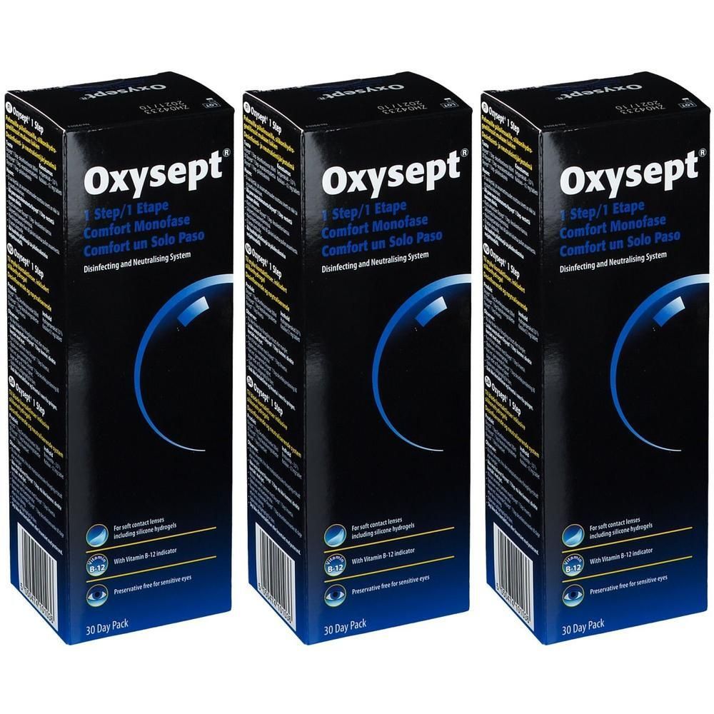 Trois boîtes du système de désinfection et de neutralisation Oxysept 1 Étape 1.