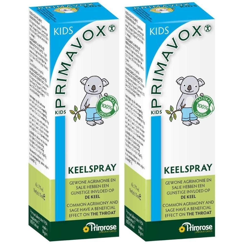 Deux boîtes de Primavox Kids Keelspray avec illustration de koala et sceau "100% Natural Origin".