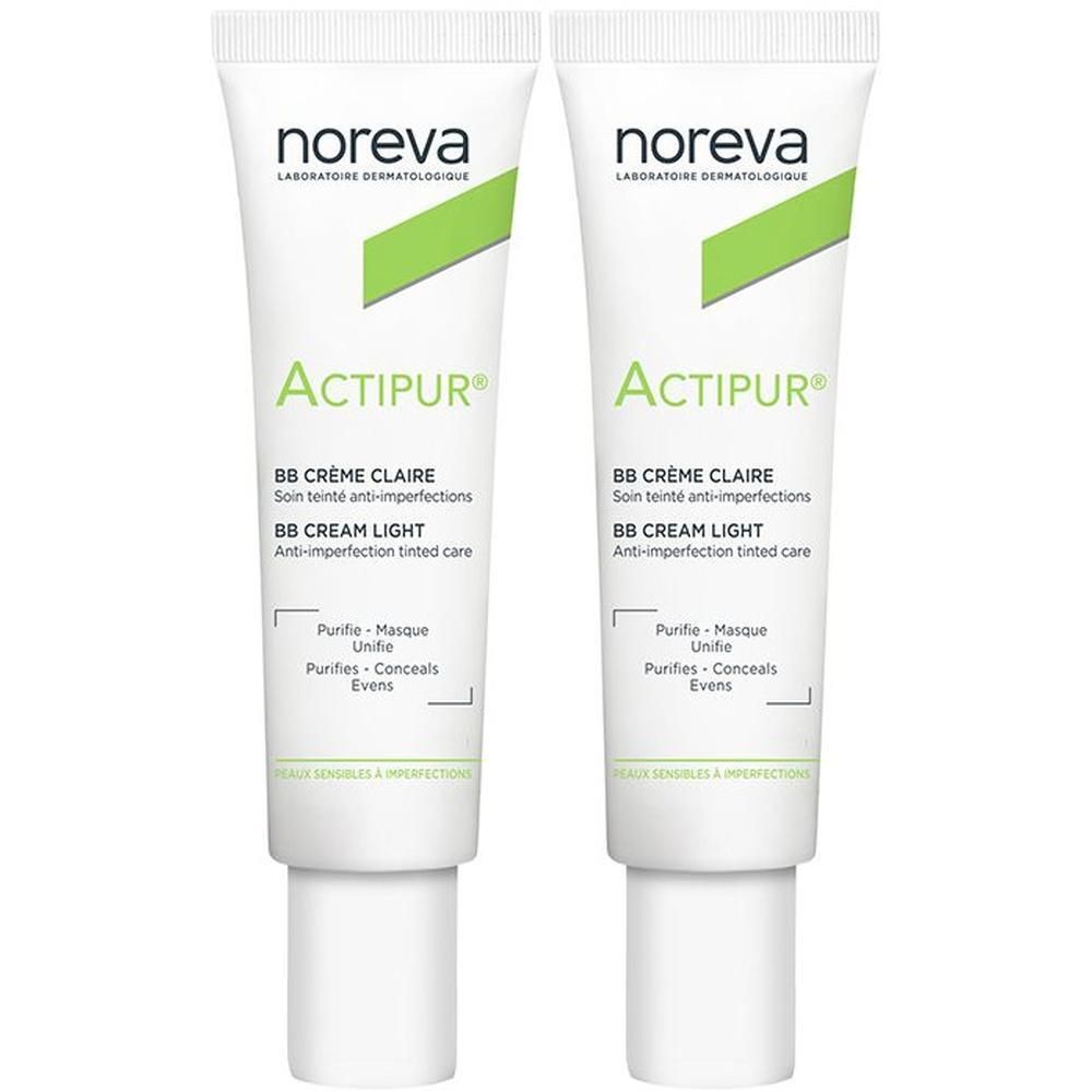Deux tubes Noreva Actipur BB Crème Claire, soin teinté léger anti-imperfections.