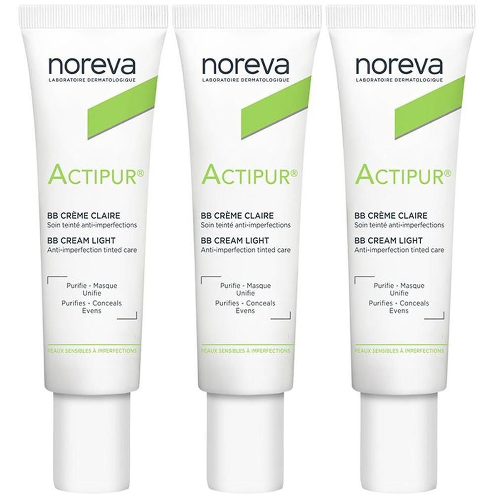 Drie tubes Noreva Actipur BB Crème Claire, getinte anti-onzuiverheden crème.