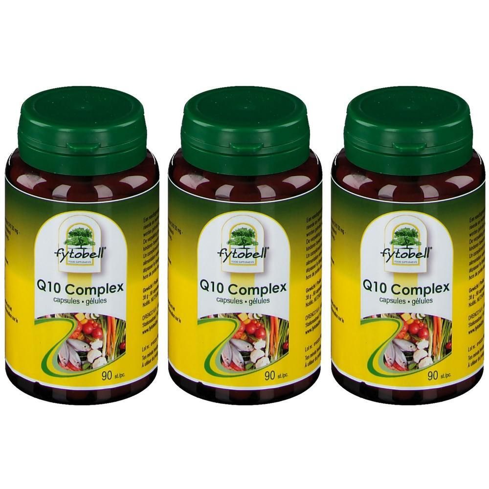 Trois flacons de Fytobell Q10 Complex, 90 capsules chacun. Bouchons verts, étiquettes jaunes illustrant fruits et légumes.