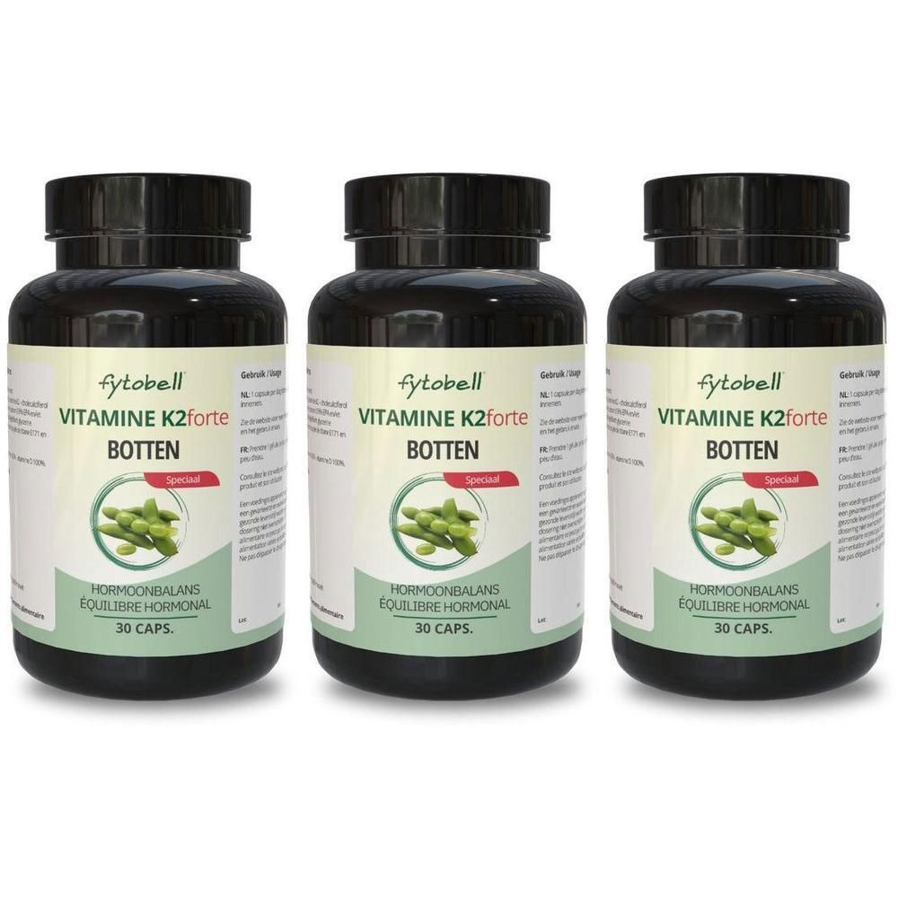 Drie flessen Fytobell Vitamine K2 Forte, elk met 30 capsules.
