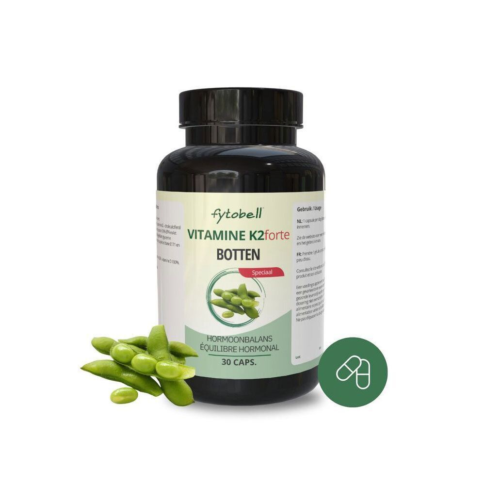 Fles Fytobell Vitamine K2 Forte met 30 capsules en edamame boontjes.