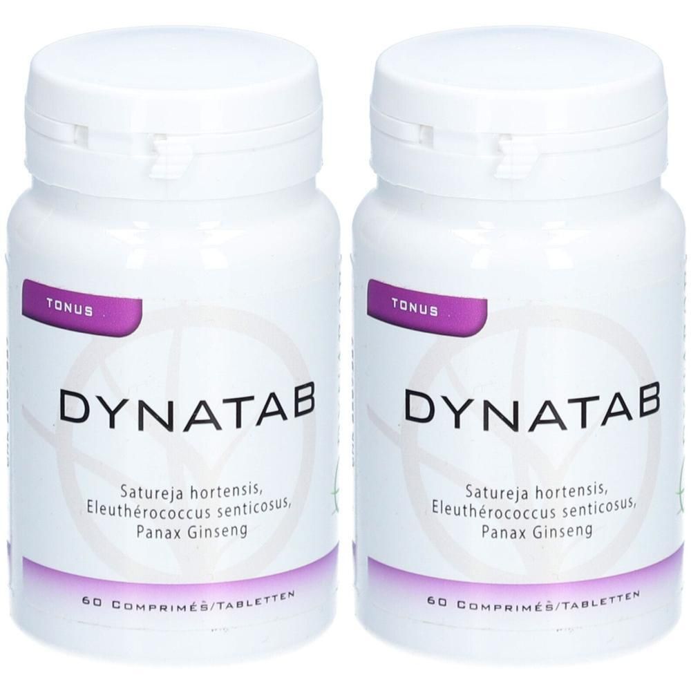 Twee witte Dynatab flacons met elk 60 tabletten. Bevat Satureja hortensis, Eleutherococcus senticosus, Panax Ginseng.