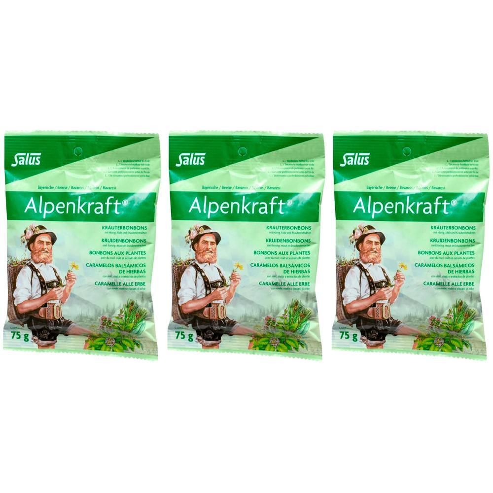 Trois paquets de bonbons aux herbes Salus Alpenkraft, 75g chacun. Un homme en costume traditionnel est représenté.