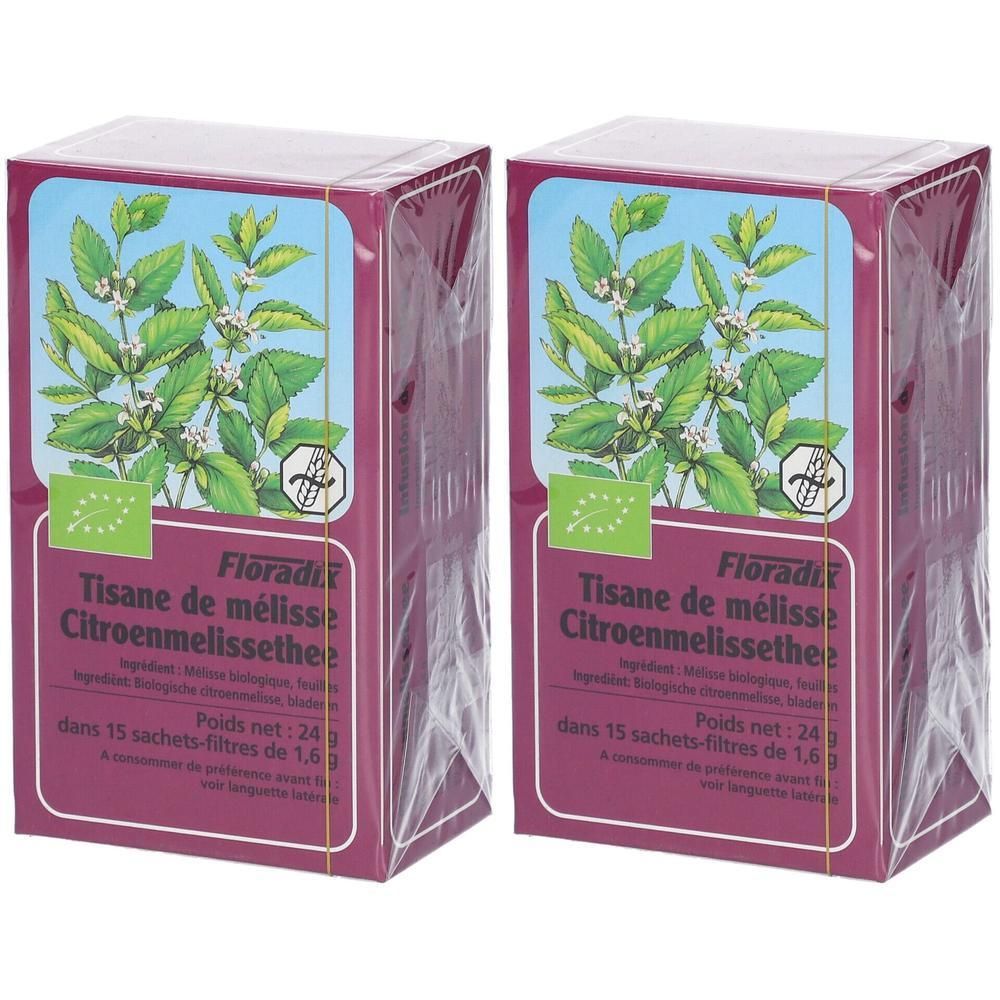 Deux paquets de tisane Floradix Mélisse Citronnelle avec illustration de plante et label Bio.