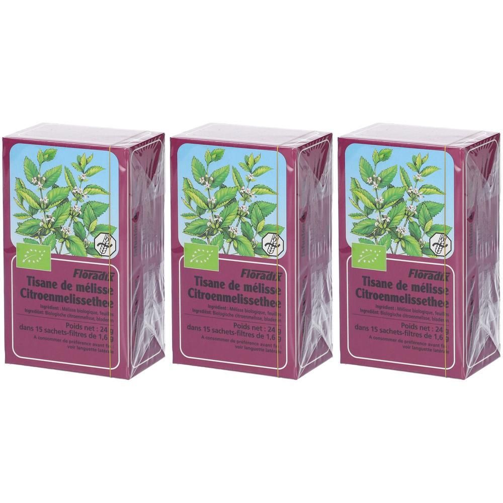 Trois paquets de tisane Floradix Mélisse Citron avec illustration de plante et sceau bio.